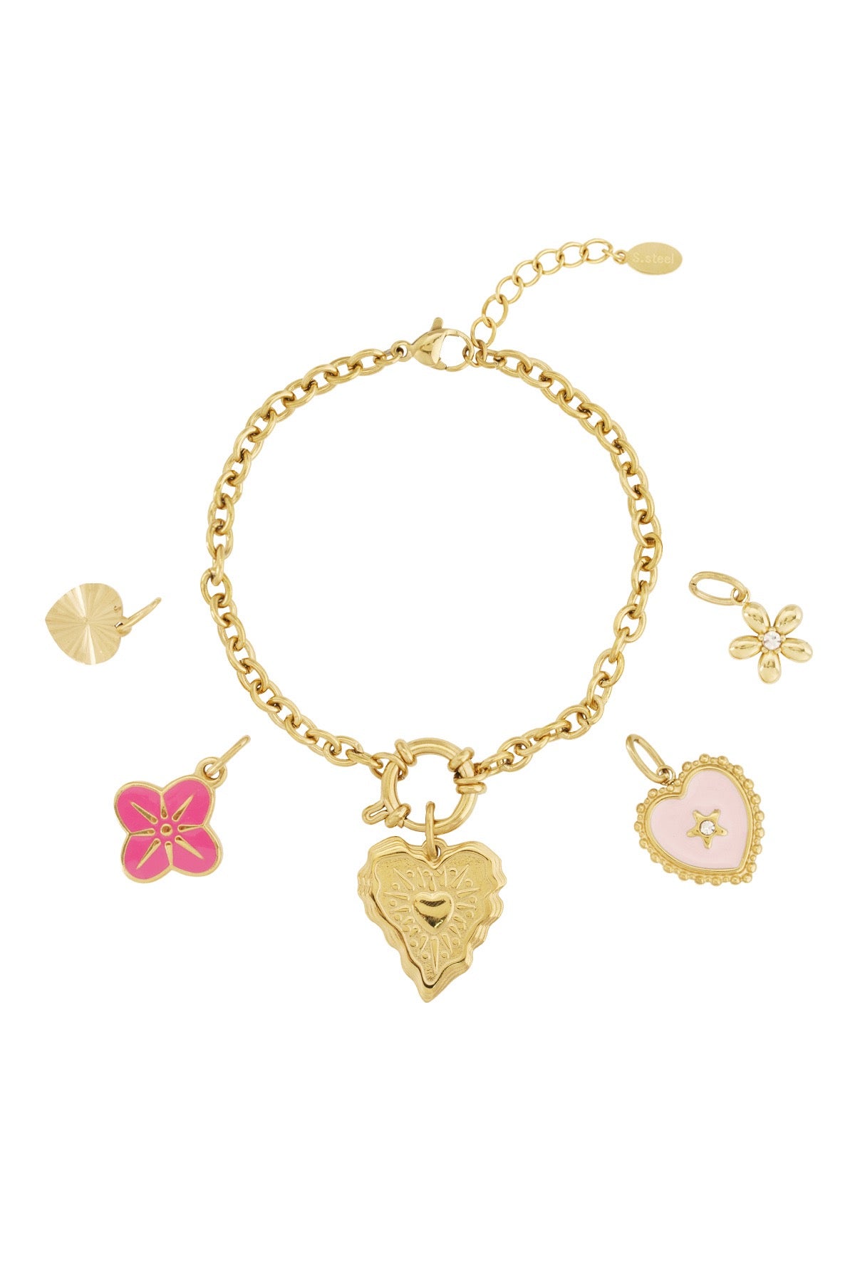 Amora Charm Armband – Gold mit Herz & Blumen Anhängern
